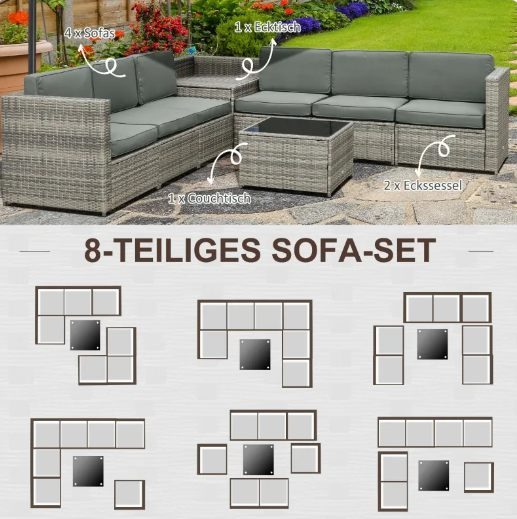 PE Rattan Garden Furniture Set Includes Cushion Hidden Storage Weather Resistant Gray + Natural